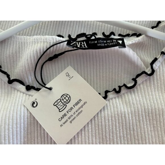 NWOT ZARA Short Sleeve Ribbed Knit Mini Dress Sze Medium White Black Ruffle Trim - Picture 5 of 6